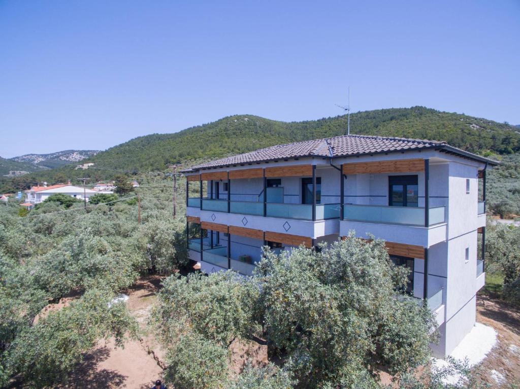 a house on top of a hill with trees at Ftery in Skala Rachoniou