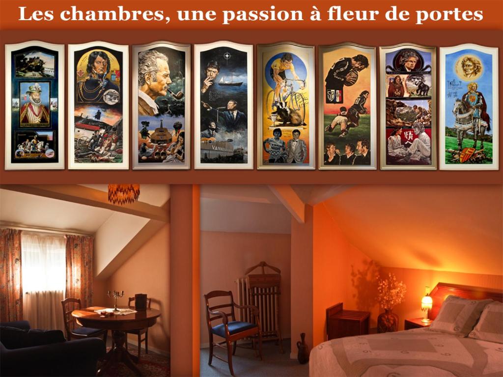 um quarto com uma parede de fotografias na parede em Hôtel Le Catala em Beaudéan
