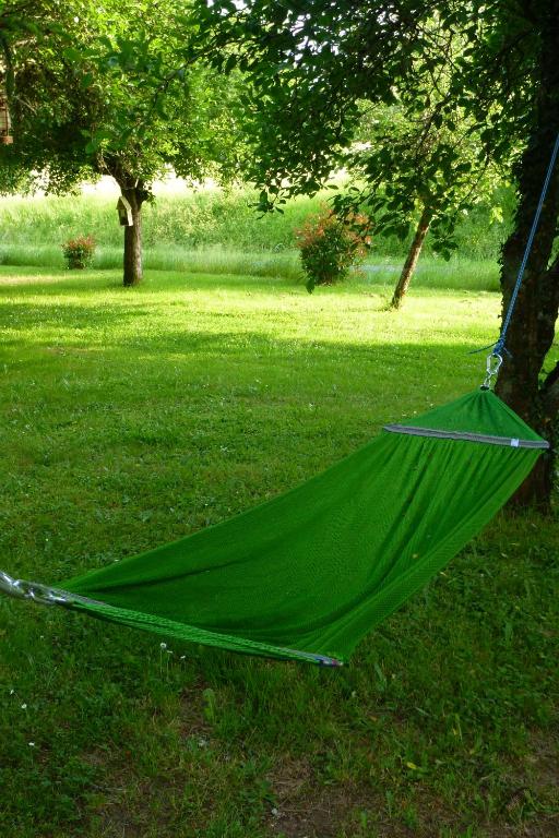 a green net laying on the grass in a field at Les Gîtes de l&#39;Orta in Saint-Jean-dʼEyraud
