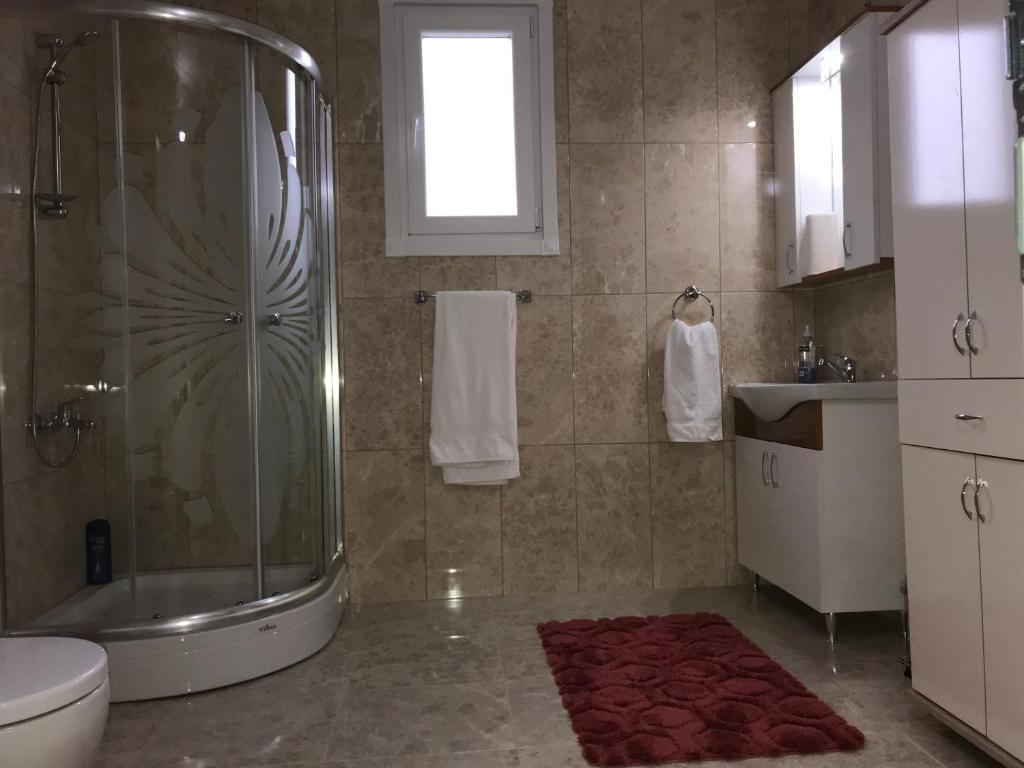 a bathroom with a shower and a toilet and a sink at Sadik Villa (Sea View 4 Bedrooms and 4 Bathrooms) in Trabzon