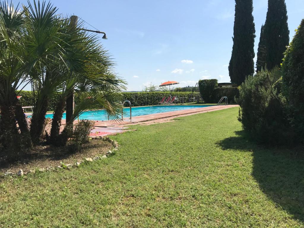 a swimming pool with palm trees in a yard at Podere Remignoli in San Gimignano