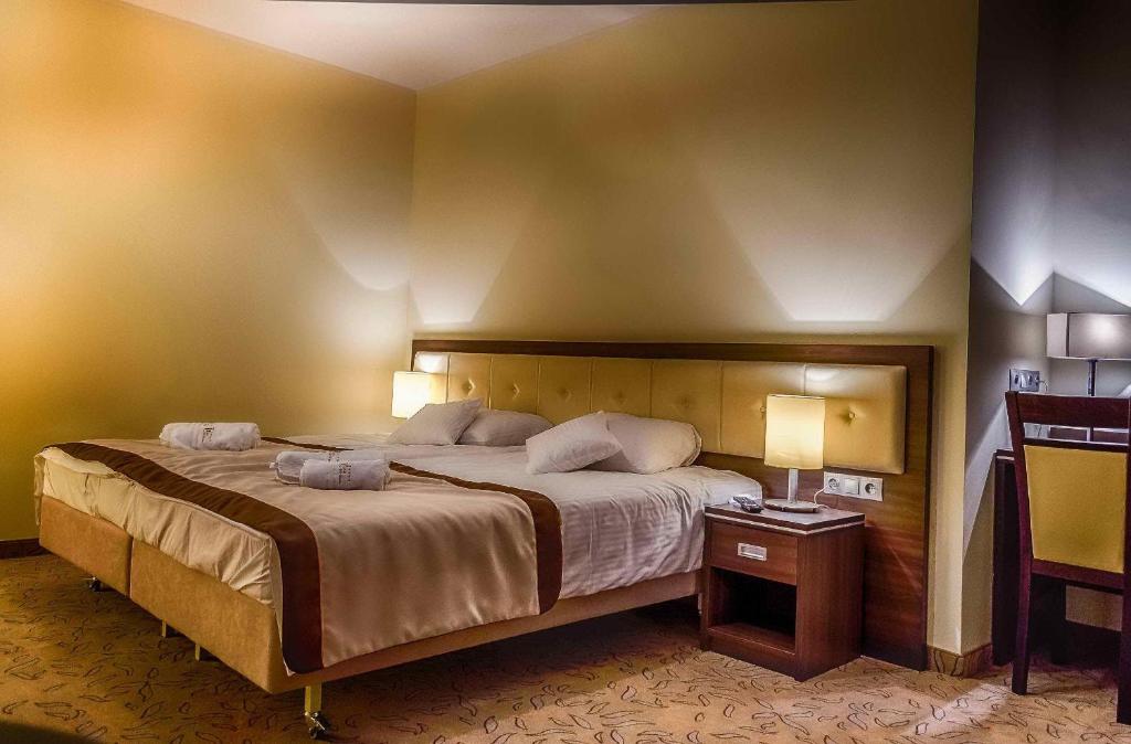 プウォツクにあるHotel Czardasz Spa & Wellnessのベッドルーム1室(大型ベッド1台、枕2つ付)