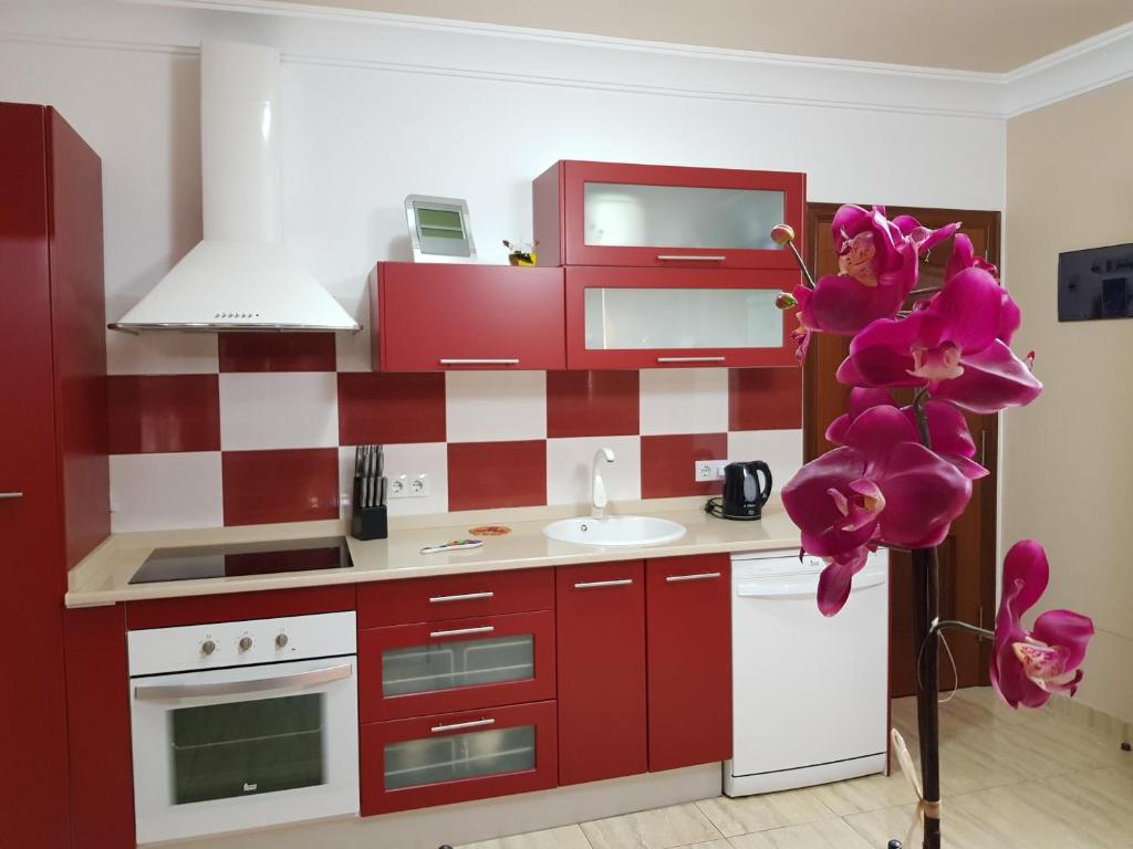 プエルト・デル・ロサリオにあるApartament Pto Rosario 4PAXの赤いキャビネットと紫色の蘭が並ぶキッチン