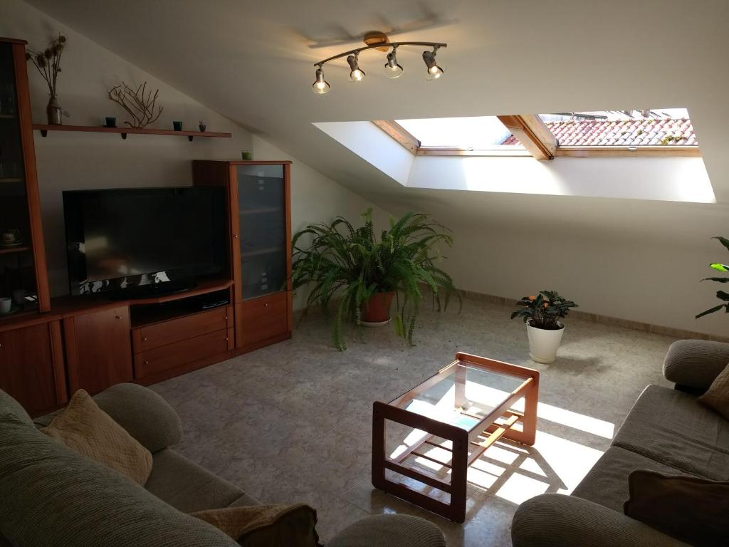 sala de estar con sofá y TV en ApartamentosFinisterre, en Finisterre