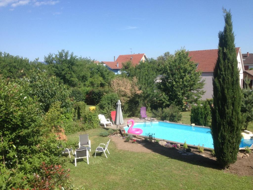 a swimming pool in the yard of a house at Gite des 3 cigognes in Colmar