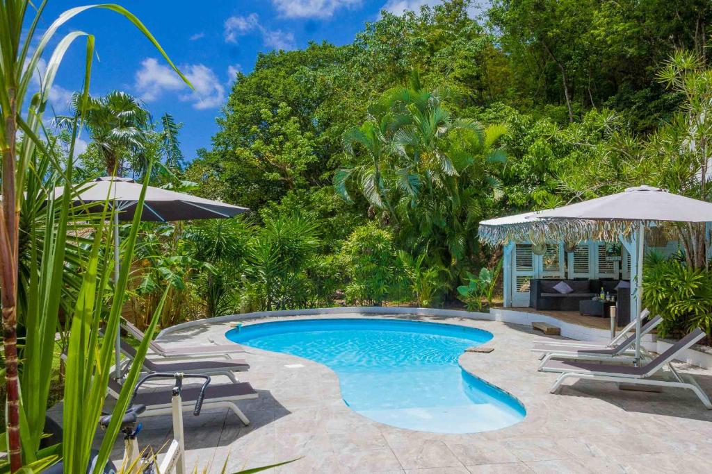 a swimming pool with chairs and an umbrella at Carre Royal in Deshaies