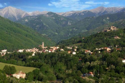 a town in the middle of a valley with mountains at Hotel Restaurant Le Costabonne in Prats-de-Mollo-la-Preste