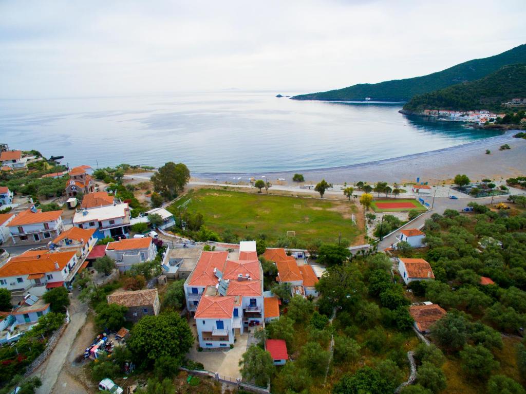 an aerial view of a town and a beach at Avra Hotel in Kyparíssion