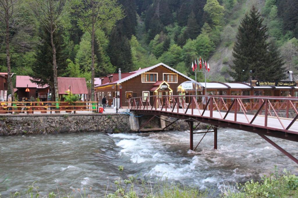 a bridge over a river in front of a lodge at Uzungol Selale otel Bungalow in Uzungöl