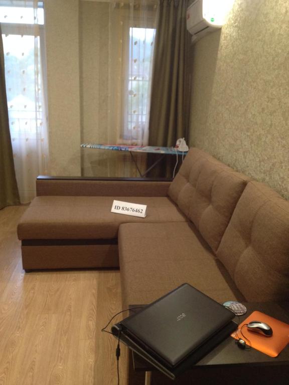 ソチにあるRytsar Sochi Dagomysのリビングルーム(ソファ、ノートパソコン、テーブル付)