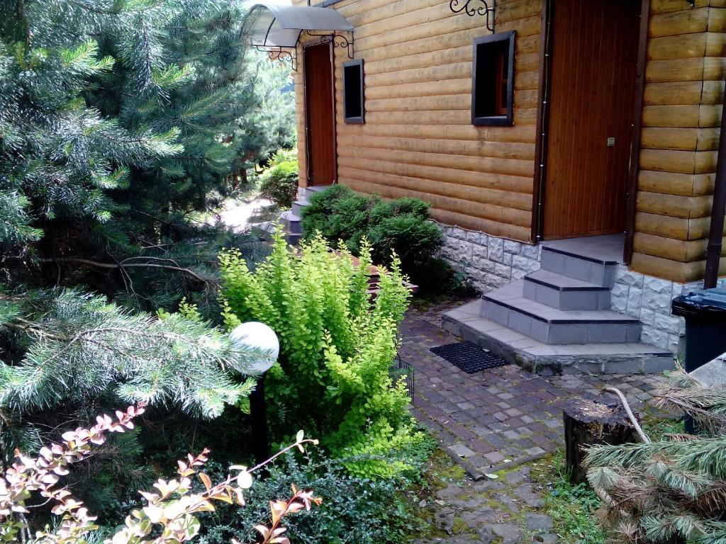 ヤレムチャにあるRomantyka Cottageの植物園と玄関のある家