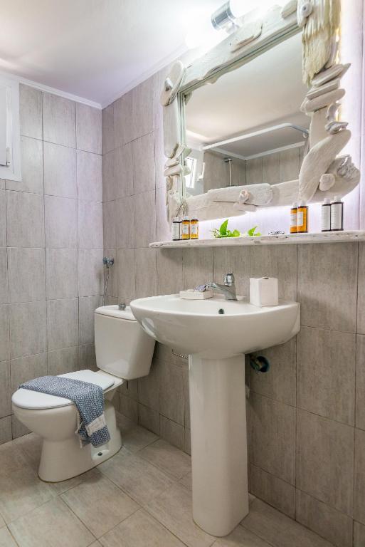 łazienka z umywalką, toaletą i lustrem w obiekcie Seaview House Mandrakia w mieście Mandrakia