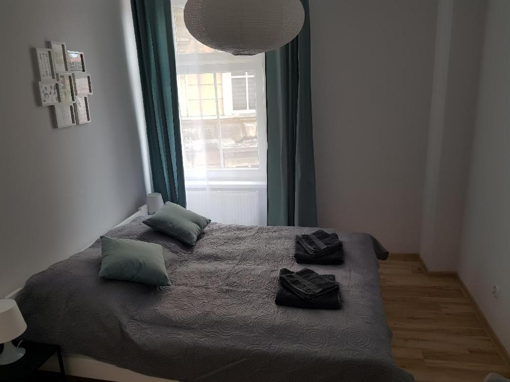 a bedroom with a bed with two pillows and a window at Apartament Grottgera in Kłodzko