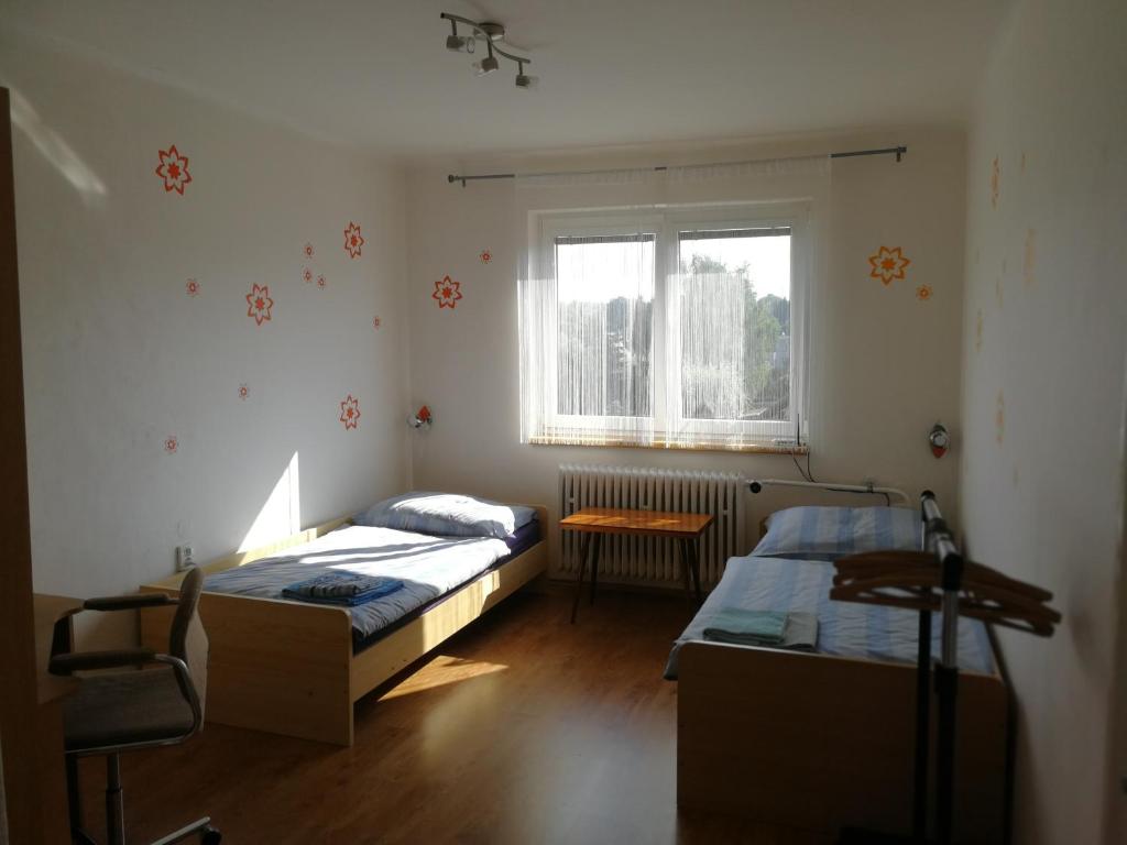 1 dormitorio con 2 camas y ventana en Apartment Pražská en Rokycany