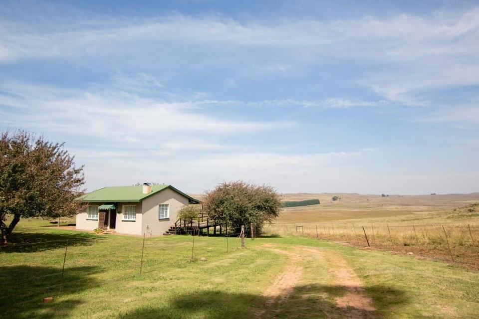 a house in the middle of a field with a dirt road at Dabchick Cottage in Dullstroom