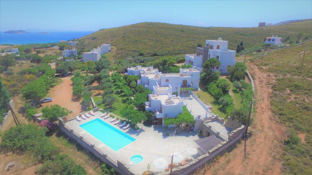 an aerial view of a house with a swimming pool at Villa Sofia in Agios Petros