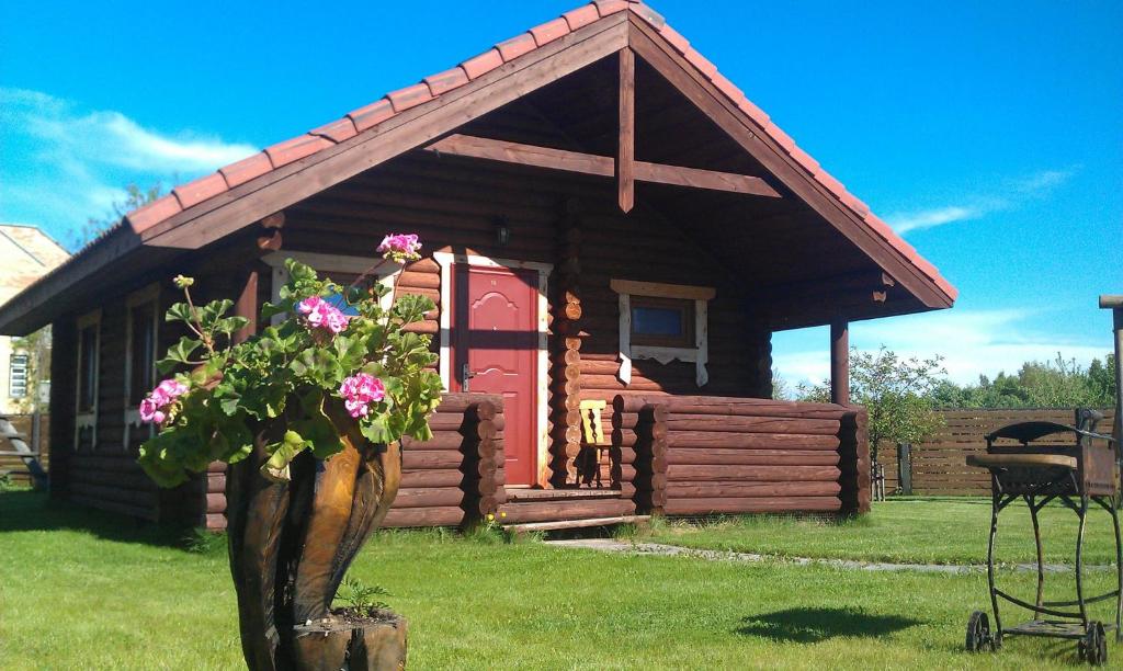 a log cabin with a red door in the grass at Miegalius in Šventoji