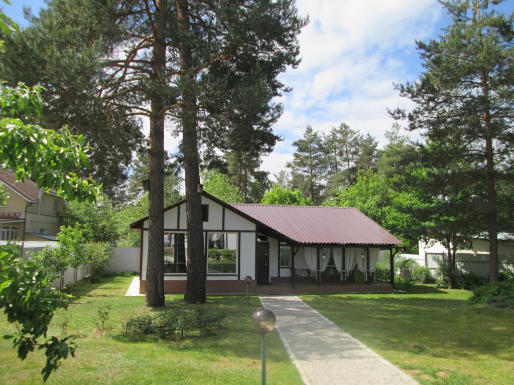 a white house with a metal roof at Country house Dom pod sosnami in Ulybyshevo