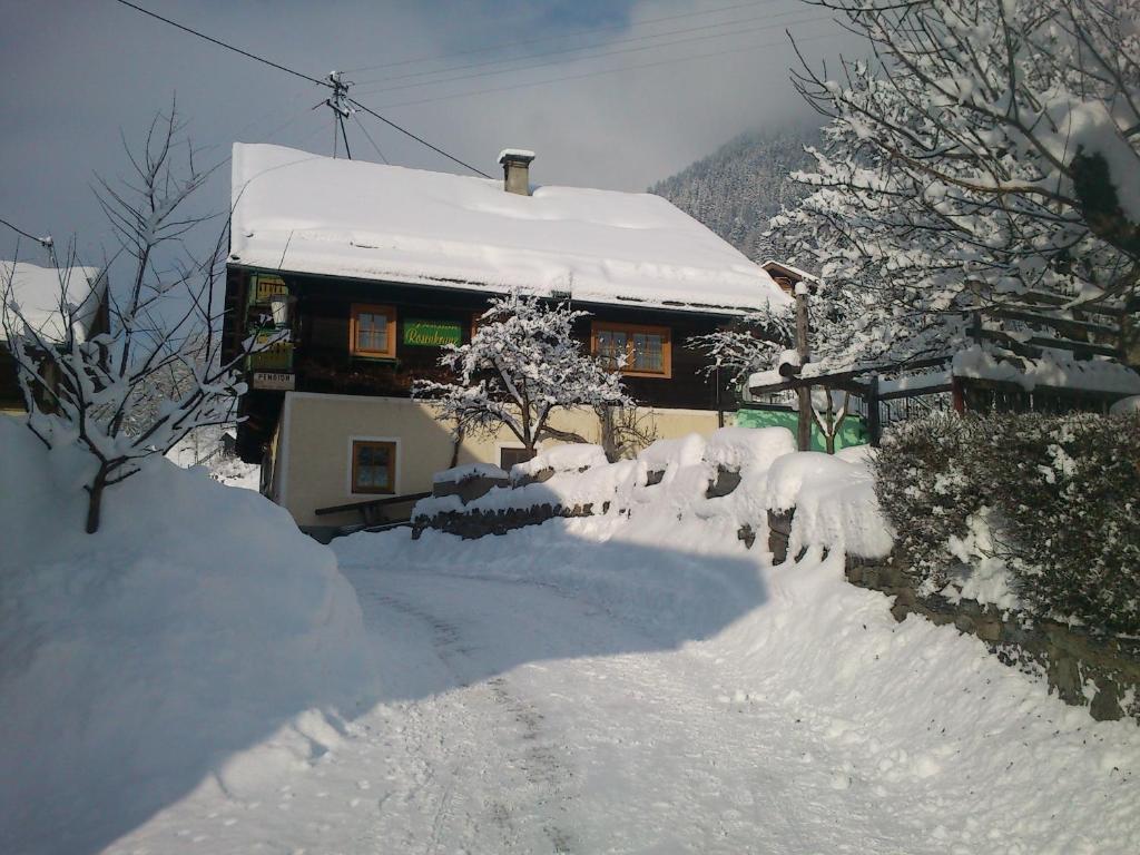 a house covered in snow in front of a house at Kräuterpension Rosenkranz in Rangersdorf