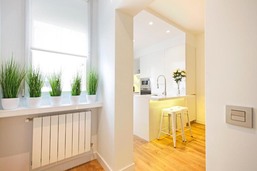 マドリードにあるOpera Suite by Madflats Collectionの白いキャビネットと鉢植えの植物が備わるキッチン