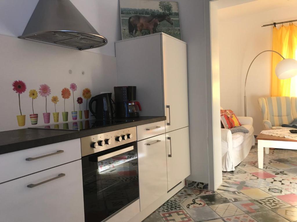 eine Küche mit weißen Schränken und einem Backofen in der Unterkunft Grimmershof in Hürtgenwald