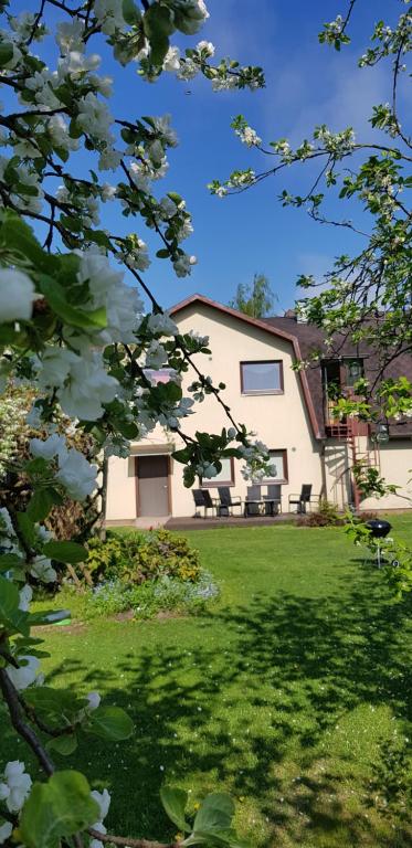 a house with a green yard with a building at Tähe Holiday Home in Pärnu