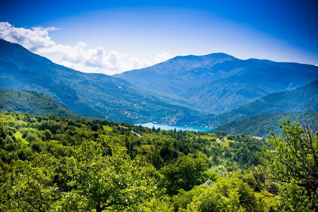 Elle offre une vue sur une vallée avec des arbres et des montagnes. dans l'établissement Gite de la Baume , Aux Délices du Verdon, à Castellane