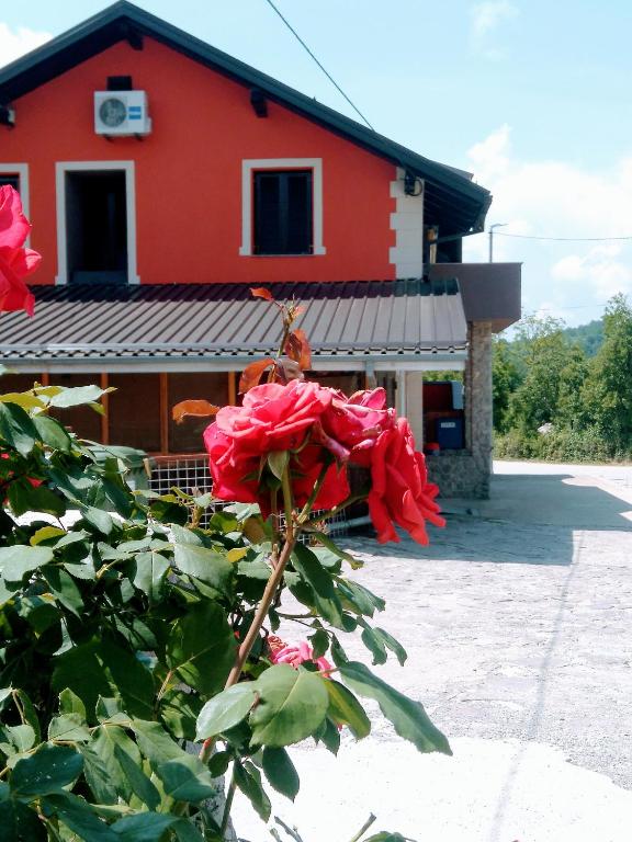 a red house with a rose bush in front of it at Rooms Hazler in Slunj