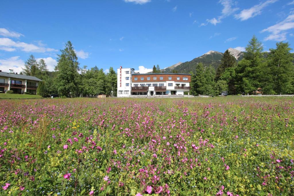 un campo de flores frente a un edificio en Hotel Berghof, en Seefeld in Tirol