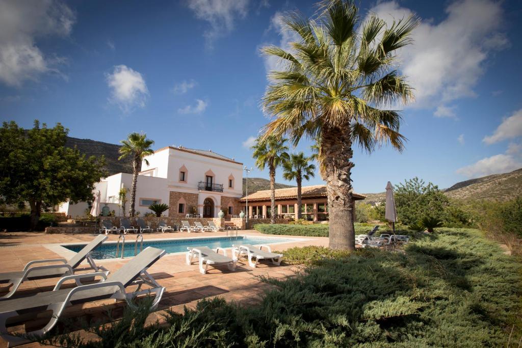 a villa with a palm tree and a swimming pool at Hotel Cal Naudi in Les Cases d'Alcanar