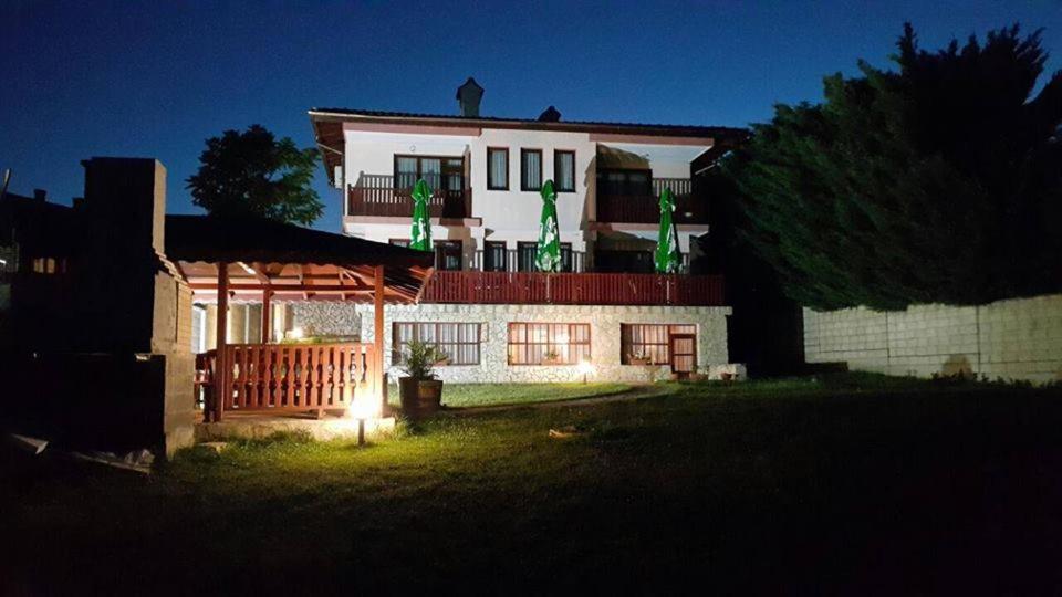 a house lit up at night with green lights at Holiday Home Paulovnia in Tschenge