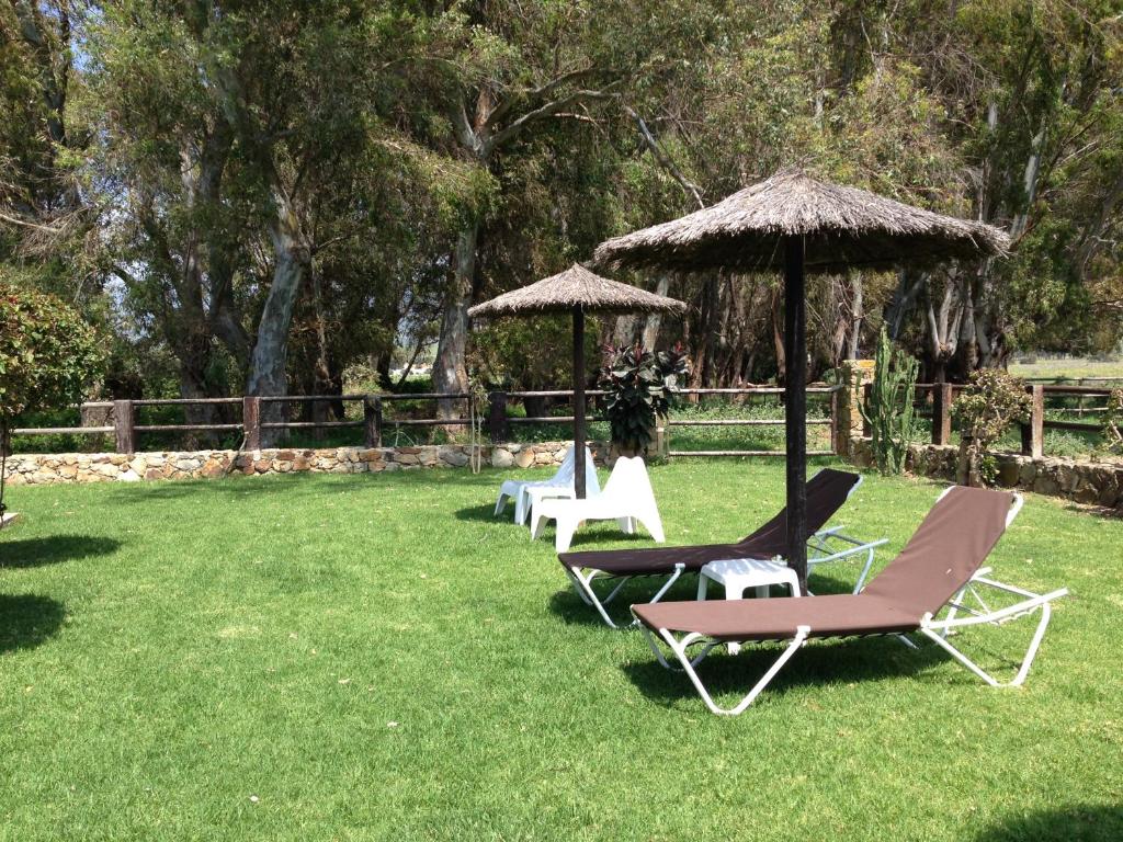 a group of chairs and an umbrella on the grass at Molino El Mastral in Tarifa