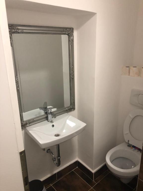 a bathroom with a sink and a toilet at Hostel Sleeping Beauty in Ljubljana