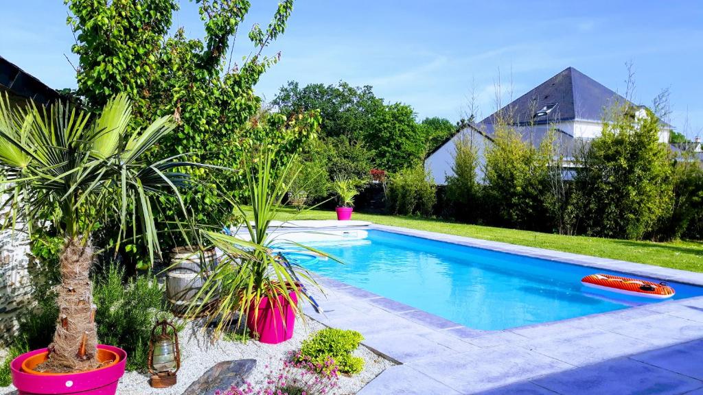 - une piscine avec des plantes dans une cour dans l'établissement la noue aubert, à Juigné-sur-Loire