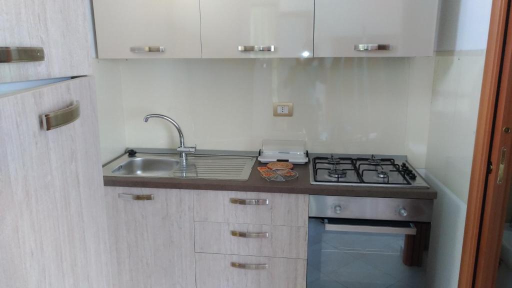 una piccola cucina con lavandino e piano cottura di Casa Corso Umberto 244 piano 3° a Bernalda