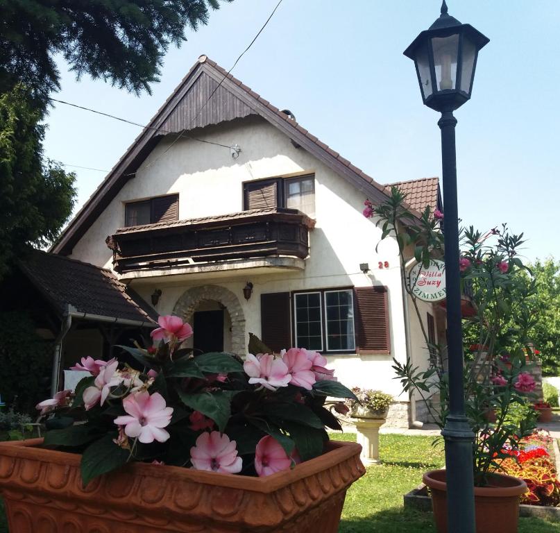 una casa con una maceta delante de una luz de la calle en Villa Suzy en Zamárdi
