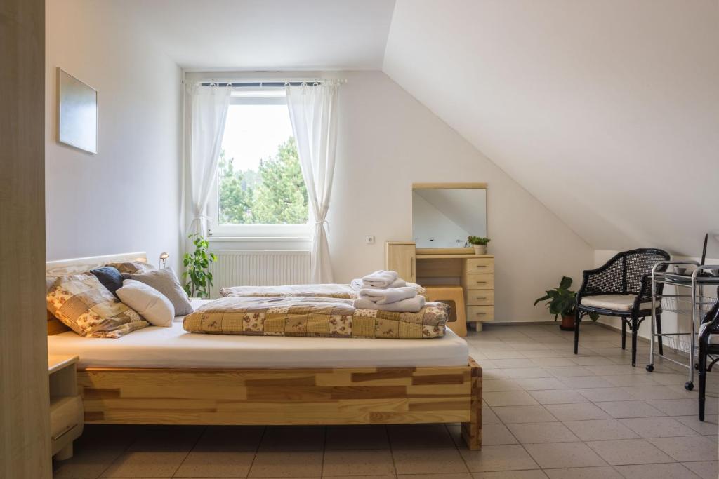 sypialnia z łóżkiem i oknem w obiekcie Vila Les Kralovstvi w mieście Nemojov