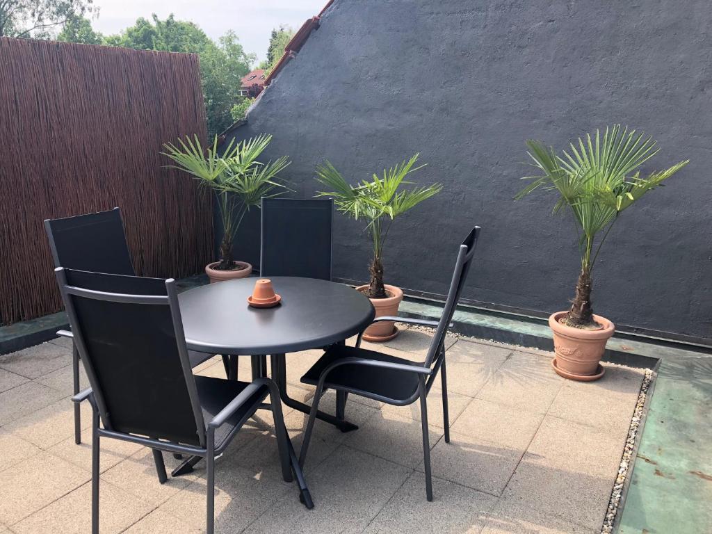 uma mesa preta e cadeiras num pátio com vasos de plantas em Business-Apartment Braun em Abstatt
