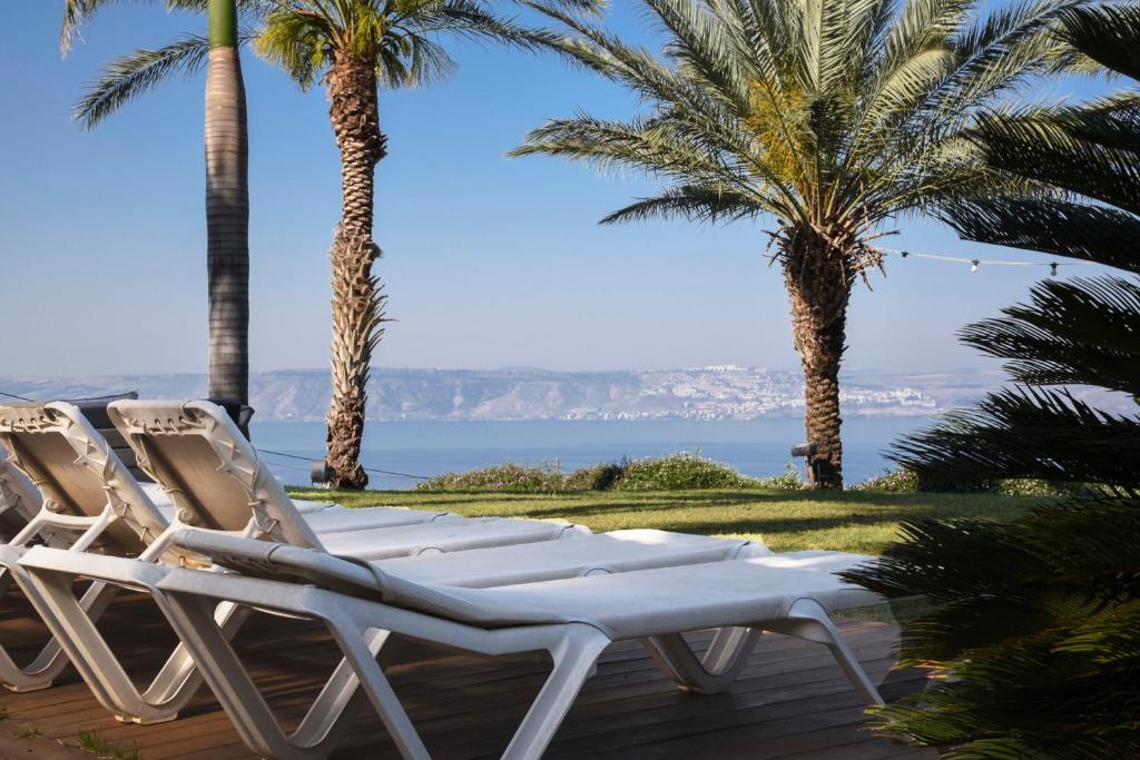 eine Reihe von Liegestühlen auf einer Terrasse mit Palmen in der Unterkunft The White Chalet View in Moshav Ramot