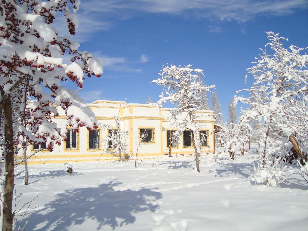 a building covered in snow with trees in the foreground at Finca La Penúltima-Posada in San Rafael