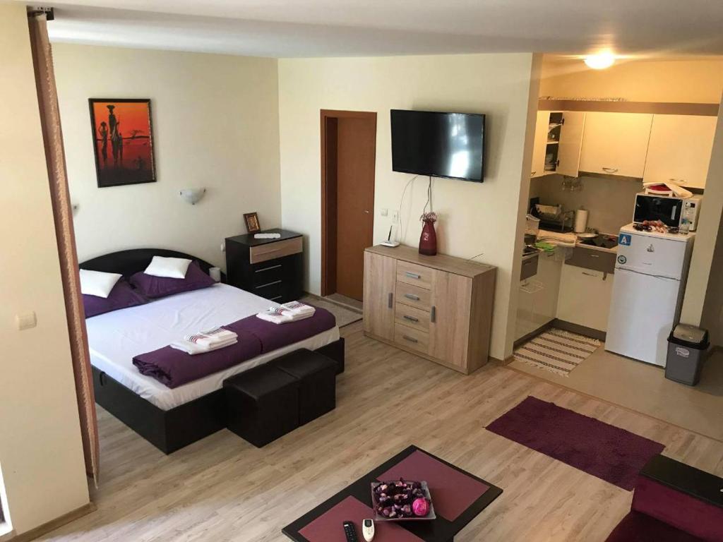 a small bedroom with a bed and a kitchen at Nestinarka Complex - Emili Apartment in Tsarevo