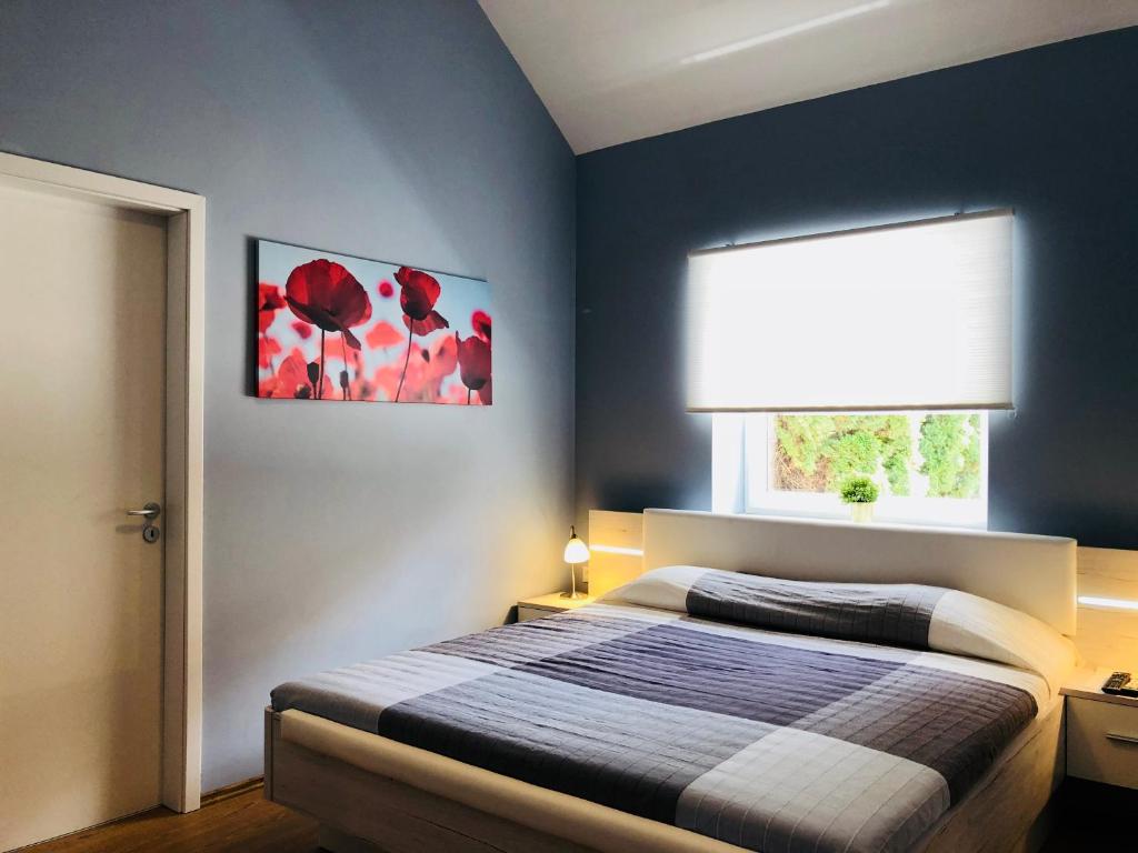 a bedroom with a bed and a window at White Crow House in Hévíz