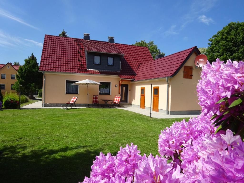 una casa con techo rojo y flores púrpuras en Ferienhaus Oberlausitz en Malschwitz