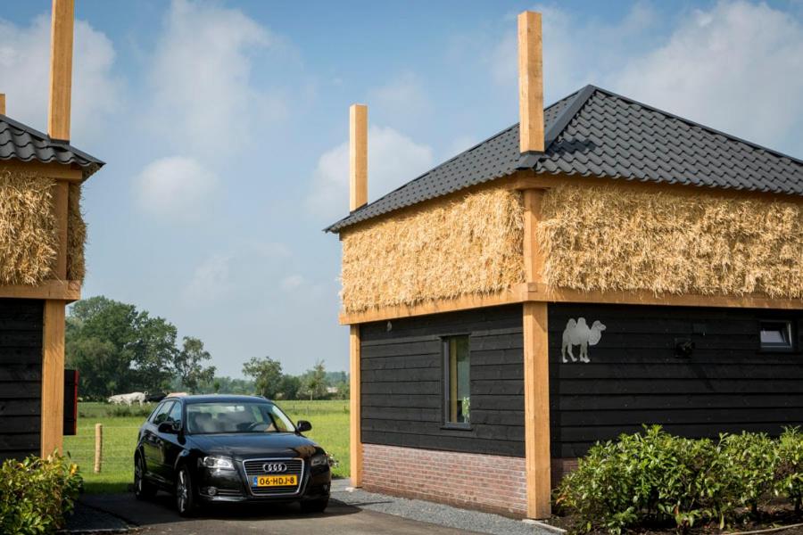 un coche aparcado delante de un edificio con un caballo pintado en él en Camping Nieuw Romalo, en Voorthuizen