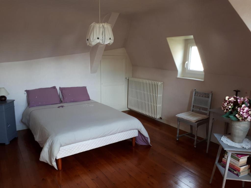 a bedroom with a bed with purple pillows and a window at Le Mans Chambre in Le Mans