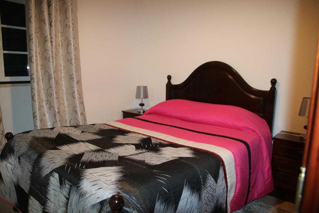 ナザレにあるSalvador Beach House Iのベッドルーム1室(ピンクの毛布付きのベッド1台付)