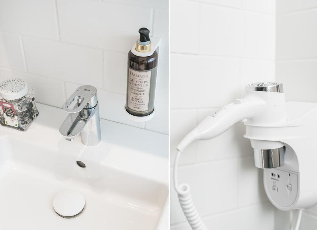 Close-up diptych showing chrome sink faucet with soap dispenser and wall-mounted white hairdryer