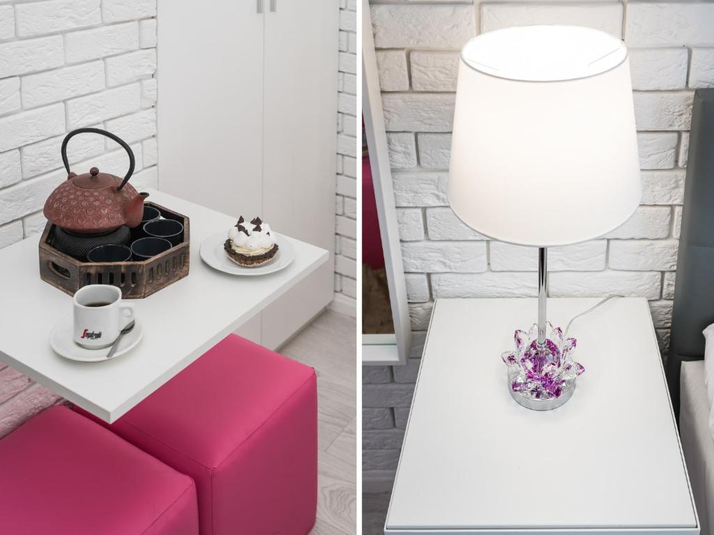 Close-up diptych: teapot, coffee cup and dessert on table beside pink ottomans; bedside lamp on white nightstand.