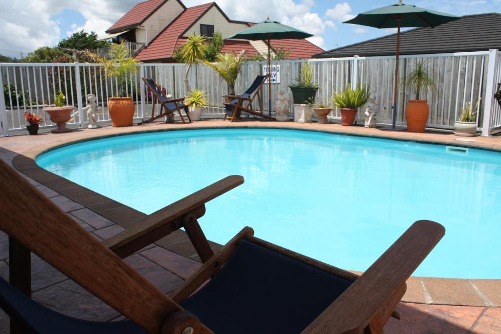 - une piscine avec une chaise et un fauteuil inclinable à côté dans l'établissement Avenue Heights Motel, à Whangarei