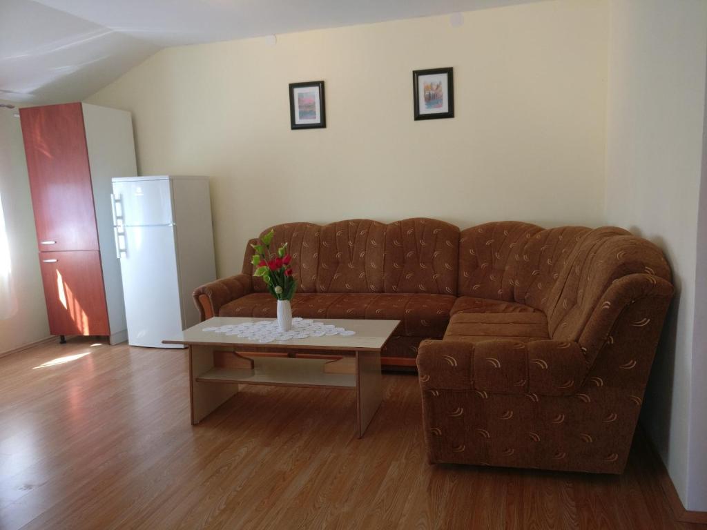 salon z brązową kanapą i stołem w obiekcie Apartment Bucic w mieście Vir